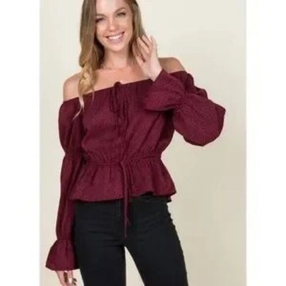 Leopard Animal Printed Off Shoulder Top Burgundy Size Large - Picture 1 of 3